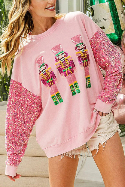 Christmas Casual Loose Crew Neck Sequin Sleeve Sweatshirt