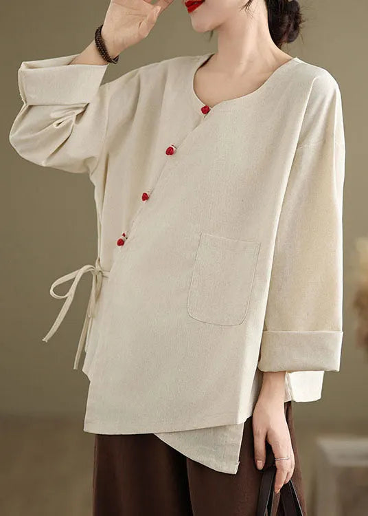 Beige O Neck Lace Up Patchwork Cotton Blouse Top Spring