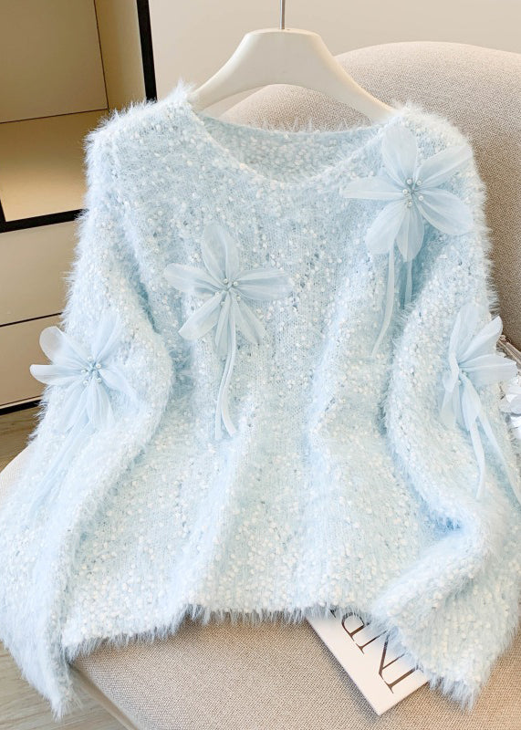 Sky Blue Decorated Sweaters Oversized Nail Bead Winter