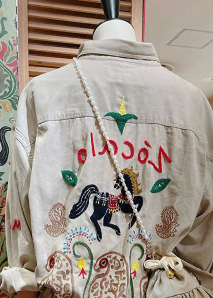 Unique Beige Peter Pan Collar Embroidered Cotton Jacket Spring