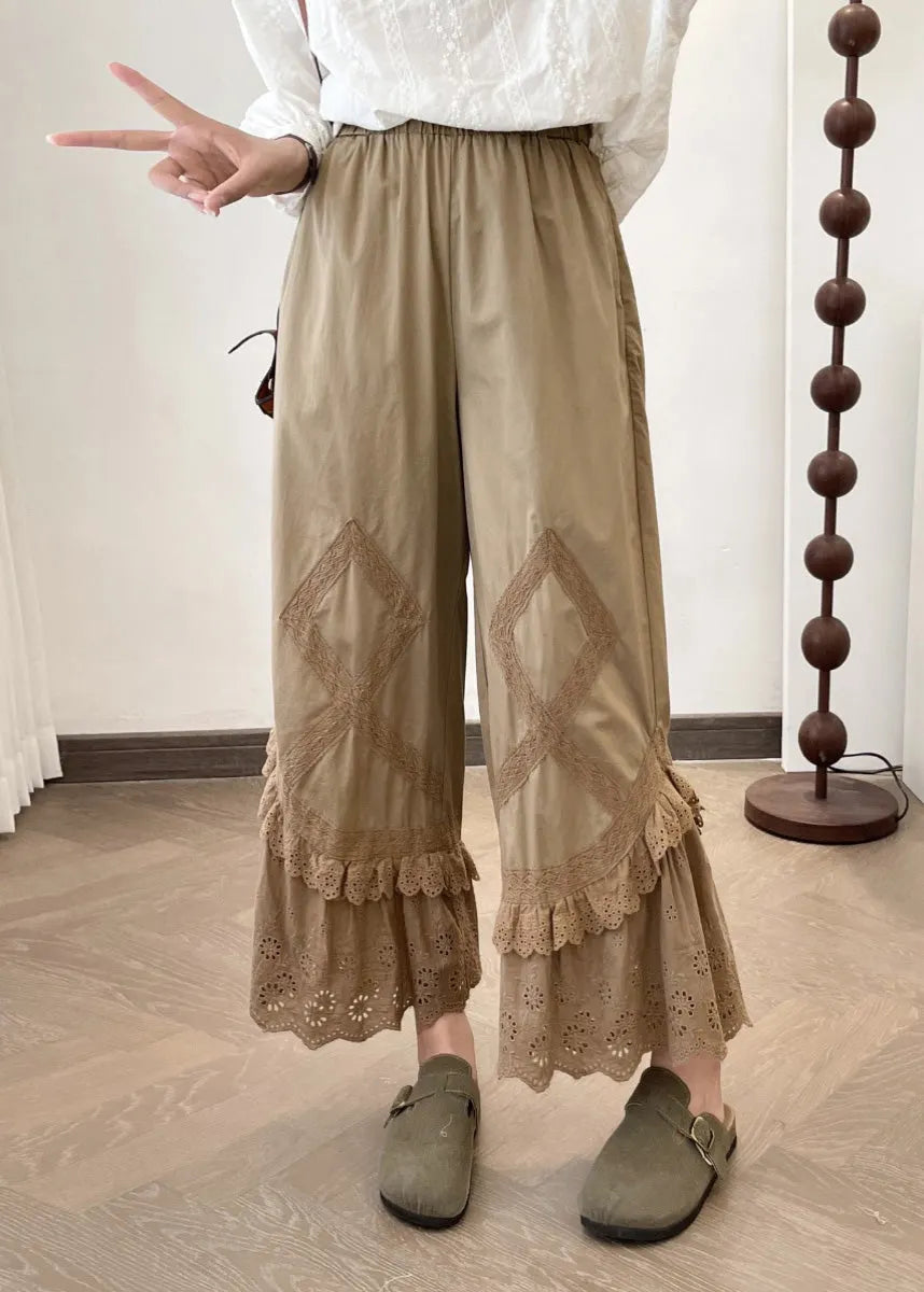 Summer New Apricot Lace Splicing Wide Leg Pants