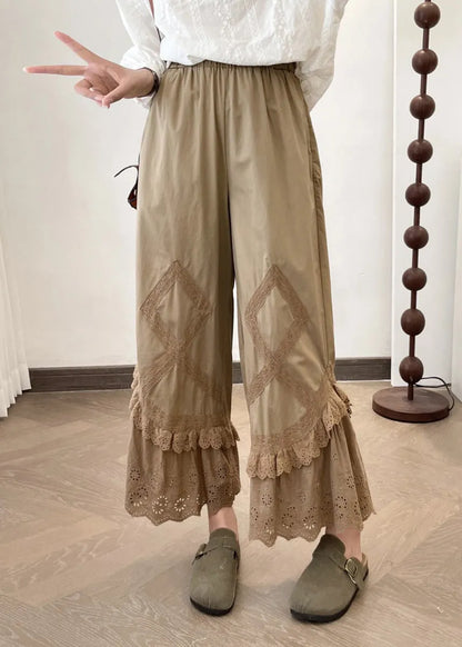 Summer New Apricot Lace Splicing Wide Leg Pants