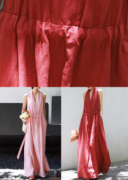 Simple Pink Pockets Tie Waist Linen Long Dresses Sleeveless