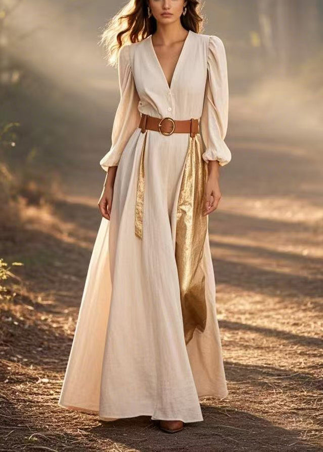 Apricot Asymmetrical Patchwork Cotton Cinched Dress Spring