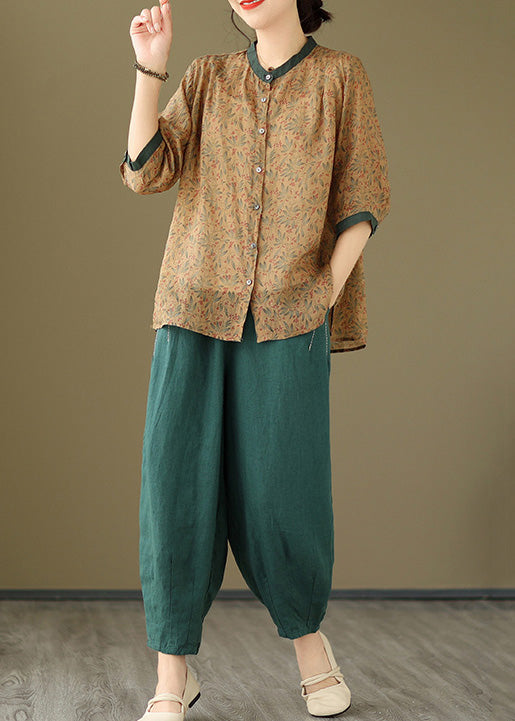 Khaki Pink Tops and Linen Crop Pants Cotton Two Pieces Set Spring