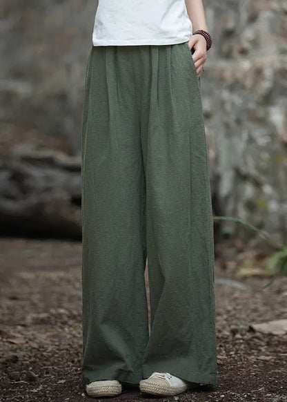 Navy Pockets Elastic Waist Linen Wide Leg Pants Summer