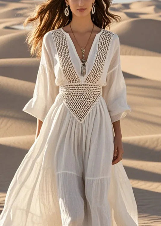 White Hollow Out Exra Large Hem Cotton Maxi Dress Fall