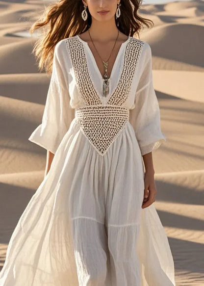 White Hollow Out Exra Large Hem Cotton Maxi Dress Fall
