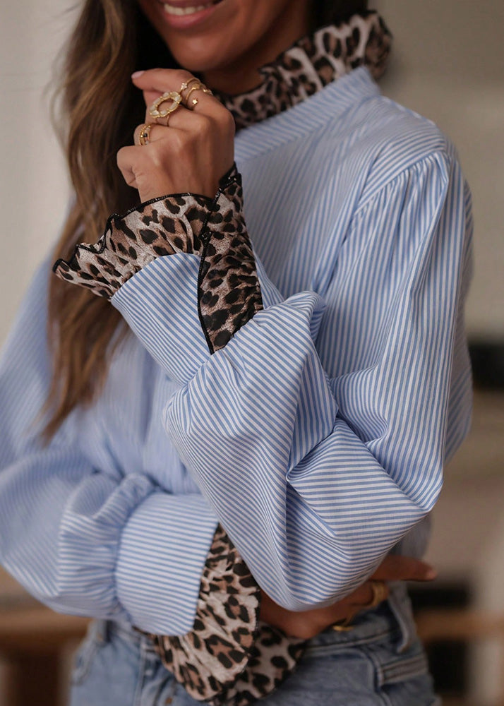Blue Peter Pan Collar Striped Patchwork Cotton Blouse Top Spring