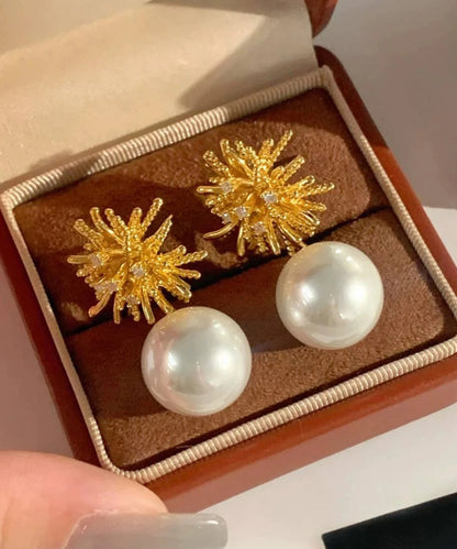 Modern Gold Metal Alloy Zircon Fireworks Pearl Drop Earrings
