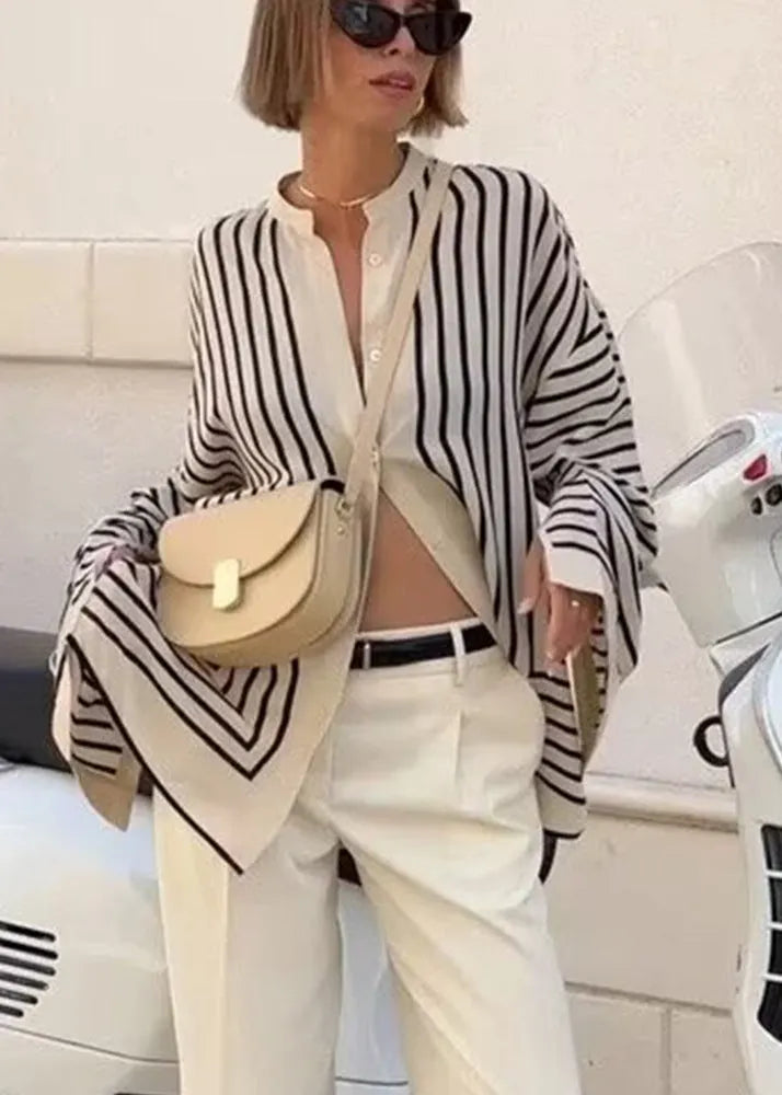 O Neck Striped Chiffon Shirt Tops Spring