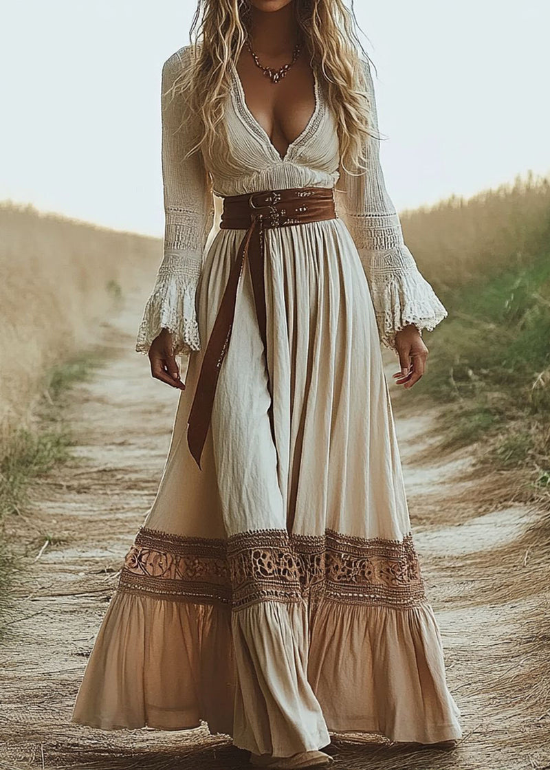 Beige V Neck Patchwork Cotton Long Dresses Flare Sleeve