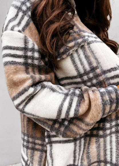 Loose Khaki Peter Pan Collar Pockets Plaid Woolen Coat Fall