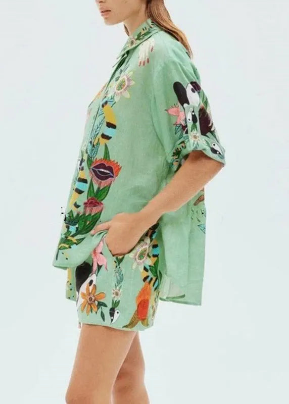 Organic Green Shirts and Shorts Patchwork Print Two Pieces Set Short Sleeve