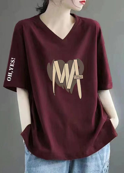 Wine Red V Neck Print Cotton T Shirts Summer