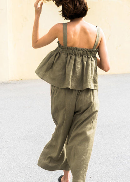 Unique Green Ruffled Linen Strap Top Sleeveless