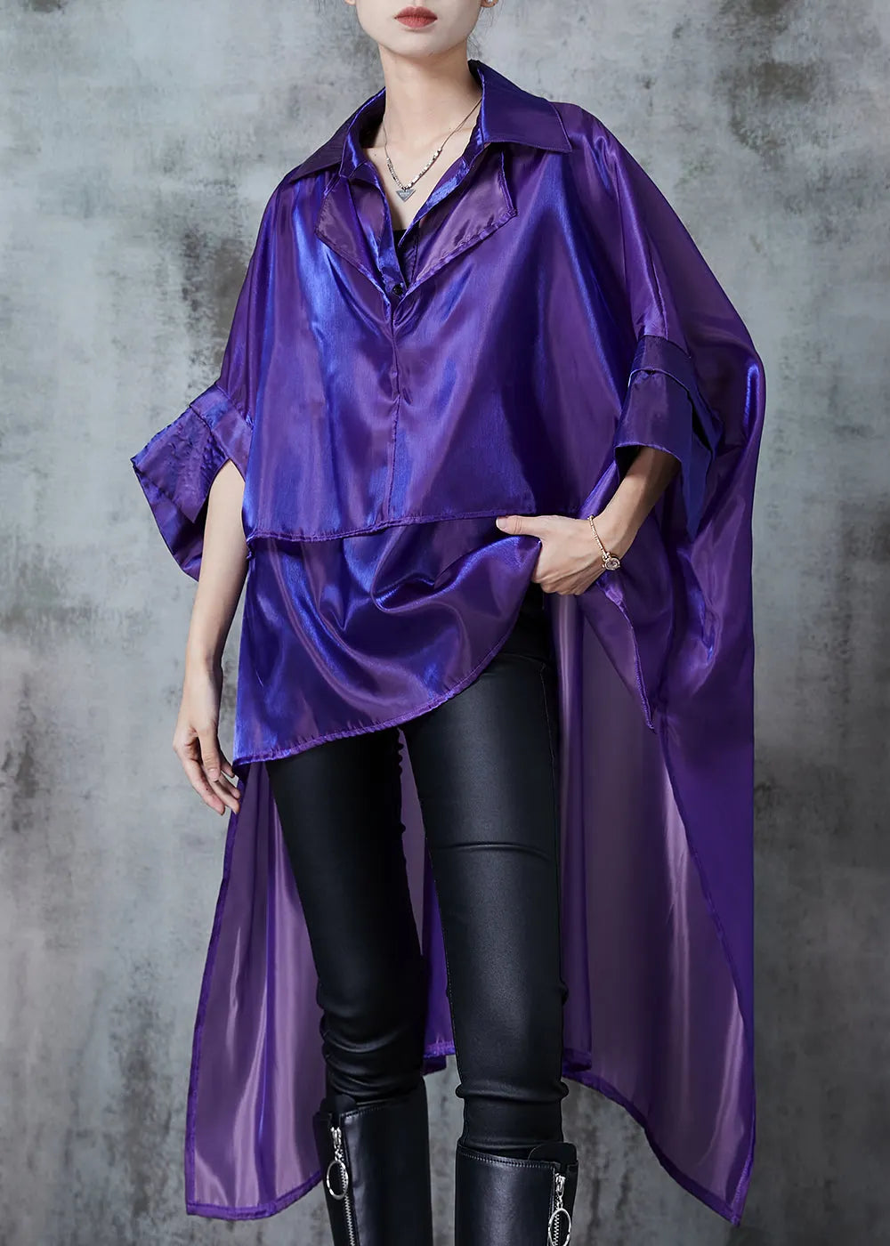 Italian Purple Oversized Asymmetrical Design Silk Long Shirt Summer
