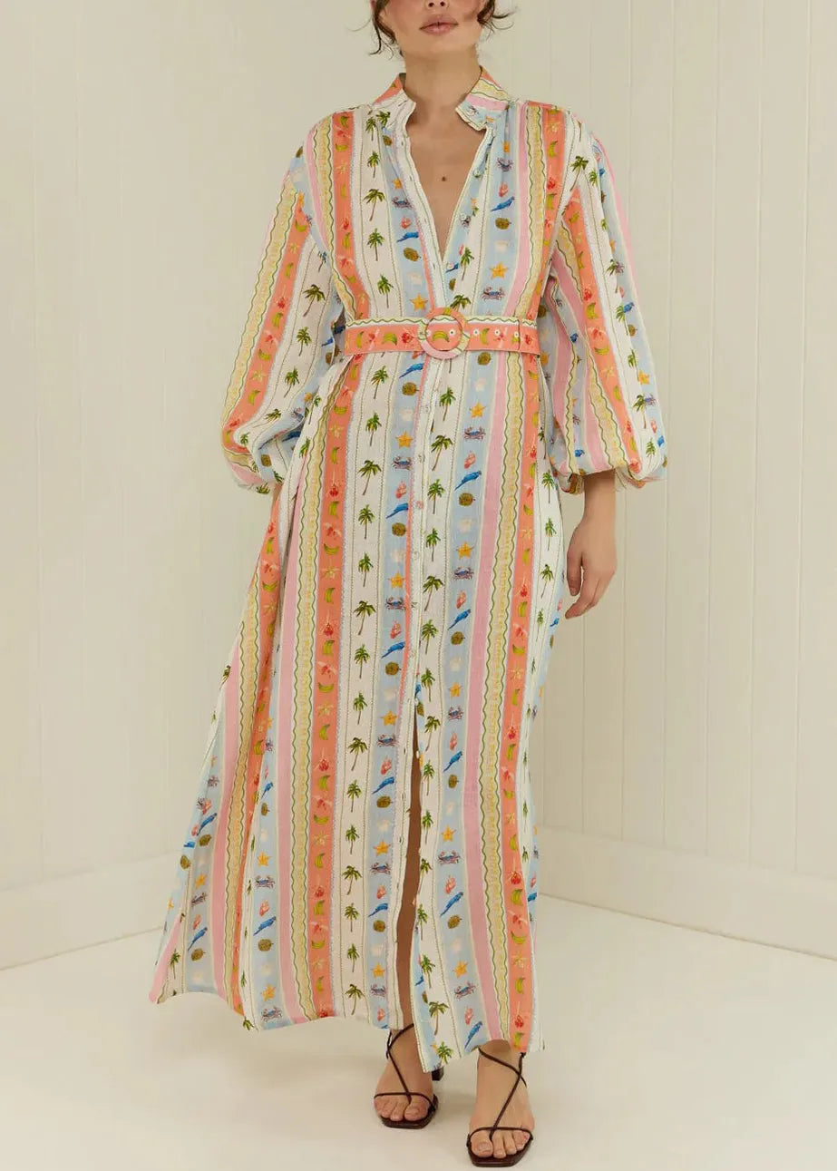Peter Pan Collar Print Sashes Cotton Dress Long Sleeve
