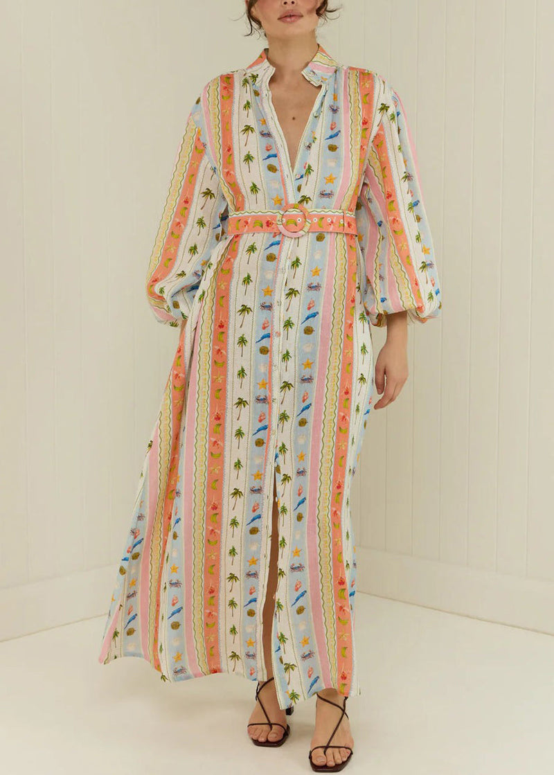 Peter Pan Collar Print Sashes Cotton Dress Long Sleeve