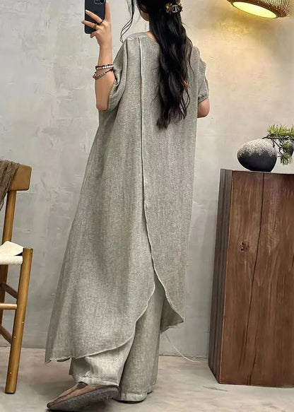 Art Grey Asymmetrical Patchwork Cotton Top Short Sleeve
