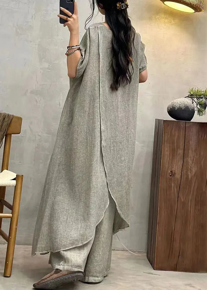 Art Grey Asymmetrical Patchwork Cotton Top Short Sleeve