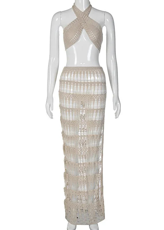 Apricot V-neck Hollow Out Sheer Knit Lingerie Top and Maxi Skirts Swimwear Two Pieces Set