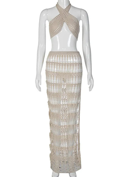 Apricot V-neck Hollow Out Sheer Knit Lingerie Top and Maxi Skirts Swimwear Two Pieces Set