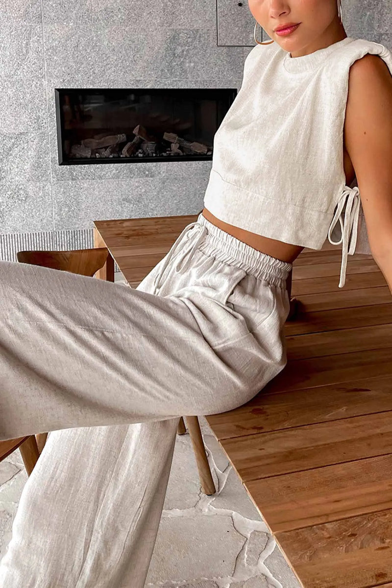 Linen Crop Tops Sleeveless Lace Up Pant Set