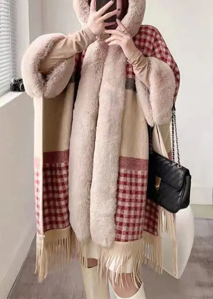 Plaid Hooded Tasseled Patchwork Warm Fleece Cape Coat Half Sleeve