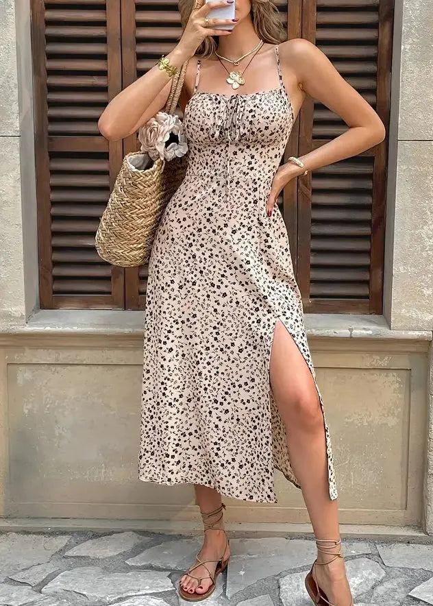 Stylish Print Side Open Cotton Spaghetti Strap Dress Summer