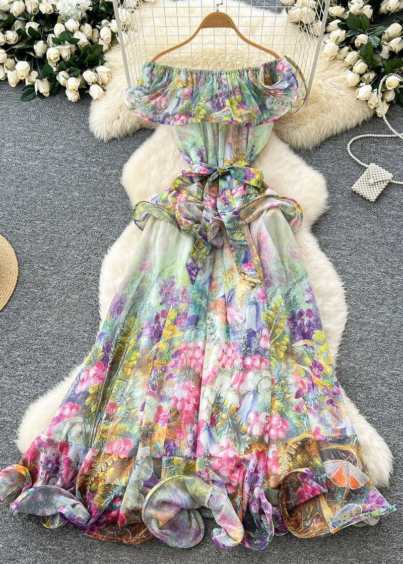 Green Slash Neck Print Chiffon Holiday Dress Summer