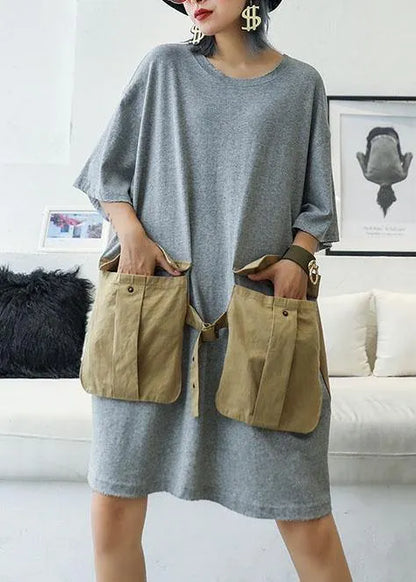 Loose Patchwork Big Pockets Cotton Clothes Inspiration Gray Dresses Summer
