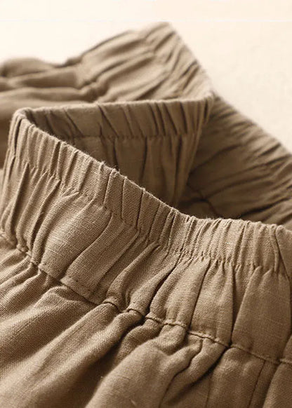 Simple Khaki Elastic Waist Oriental Button Color Linen Harem Pants Trousers Summer