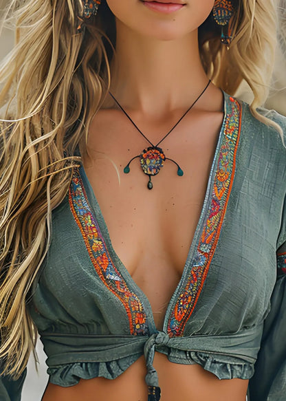 Green V Neck Ruffled Lace Up Cotton Short Blouses Spring