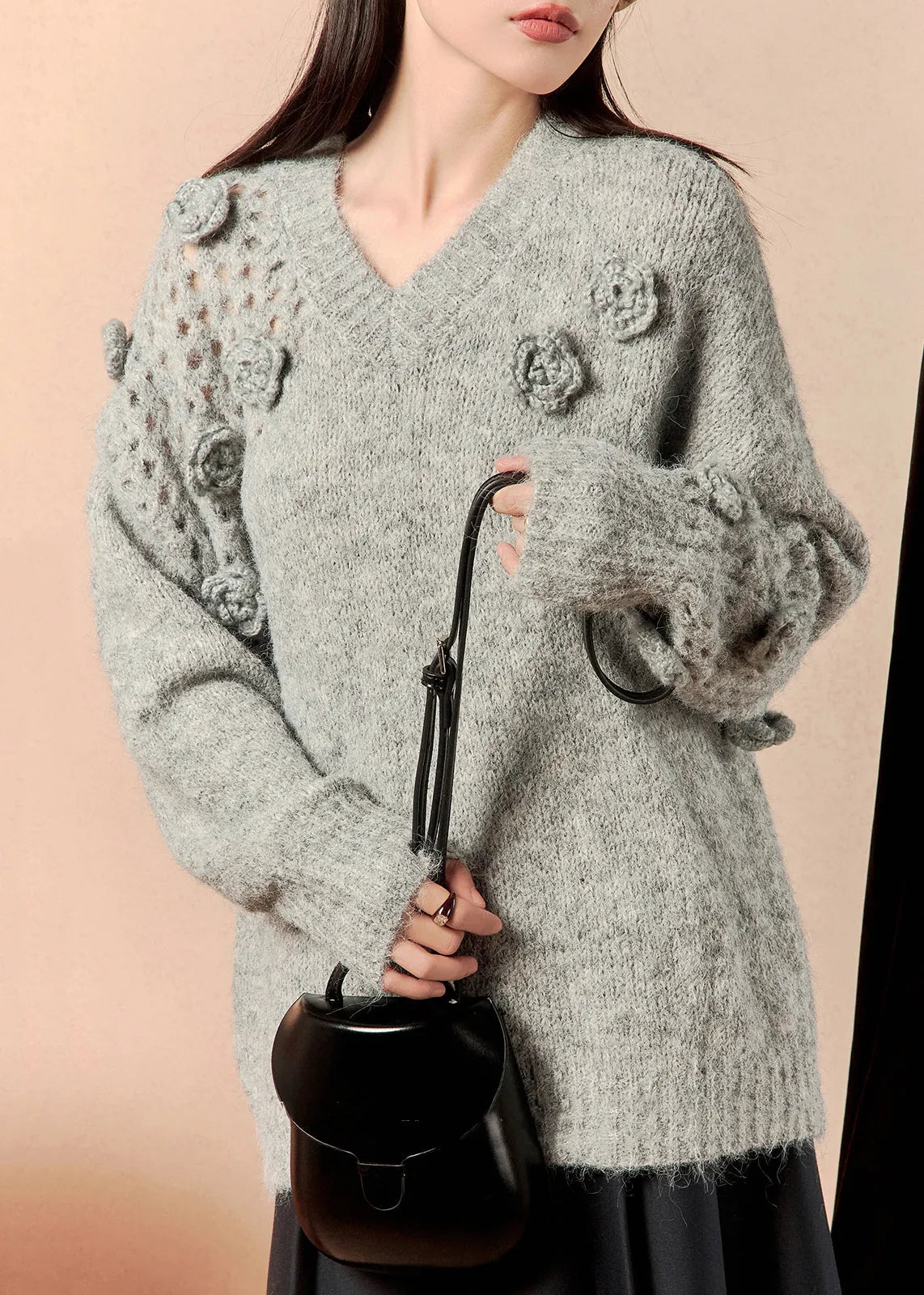 Grey V Neck Hollow Out Knit Sweater Winter