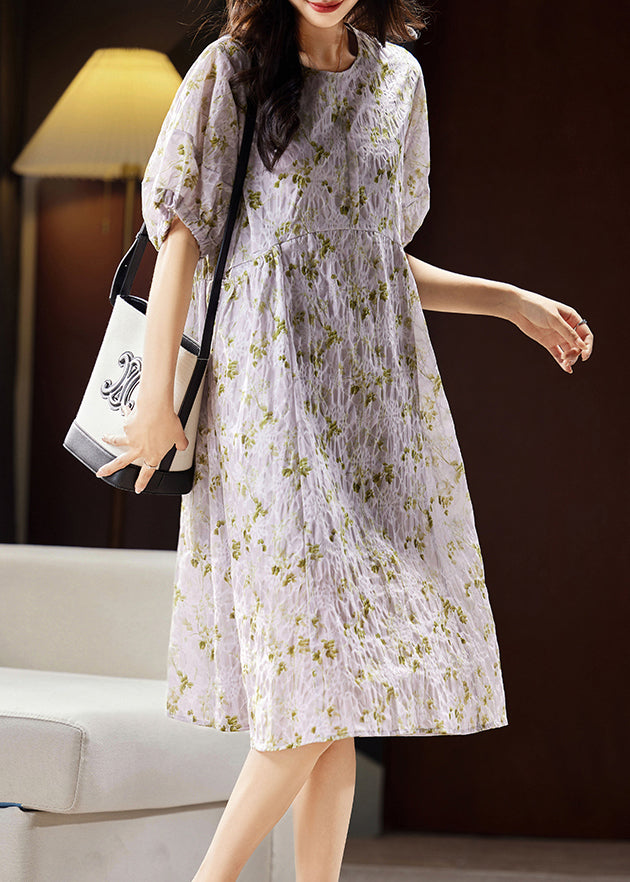 Light Purple Print Patchwork Cotton Holiday Long Dress Puff Sleeve