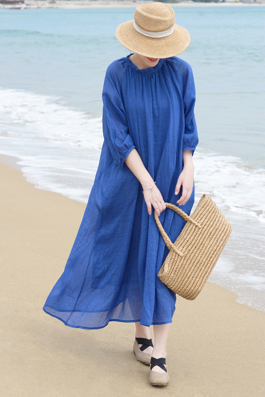 Summer Klein Blue Ramie Dress Loose Balloon Sleeve Long Dress
