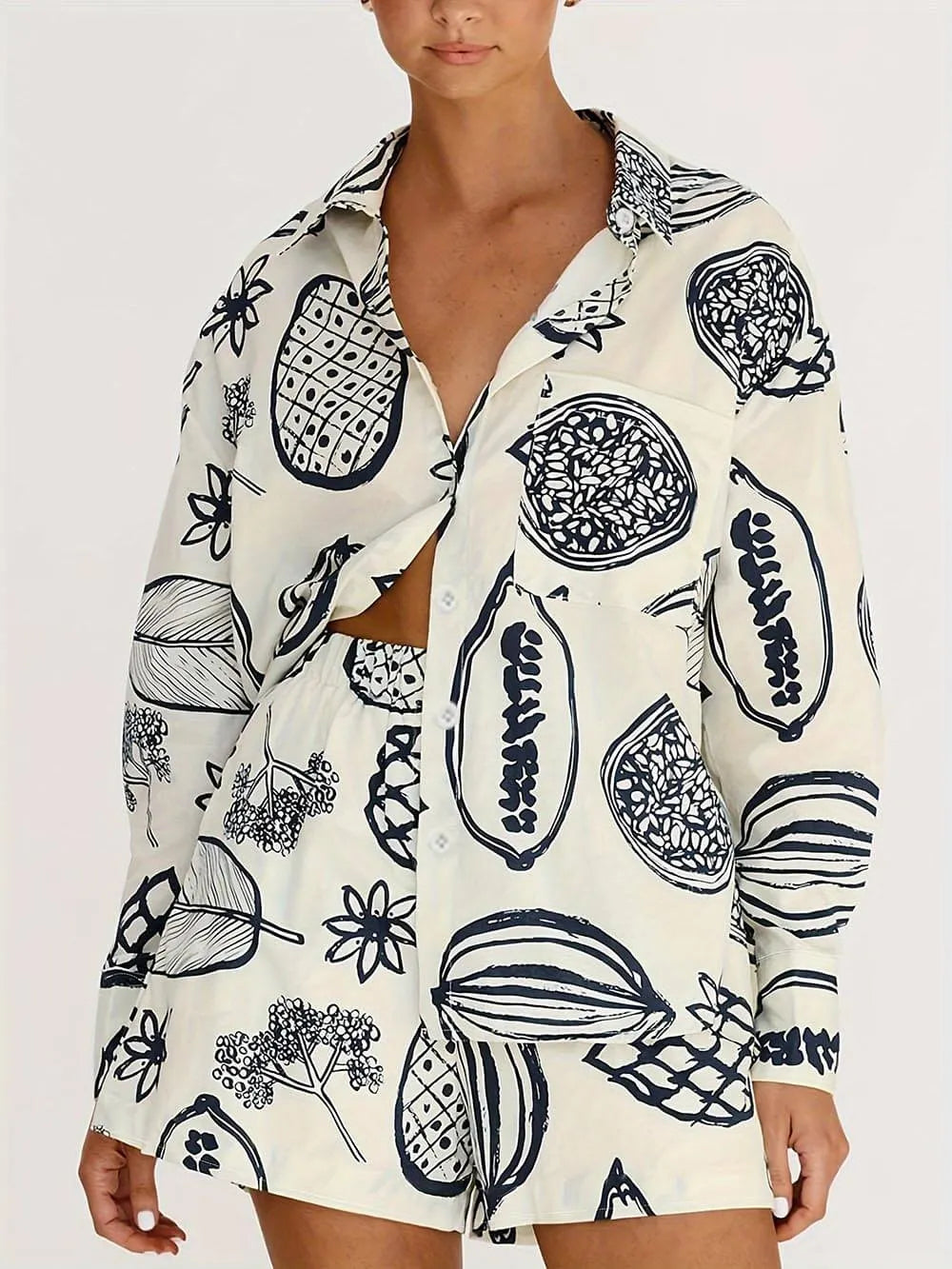 Fruit Print Summer Loose Shirt Shorts Set