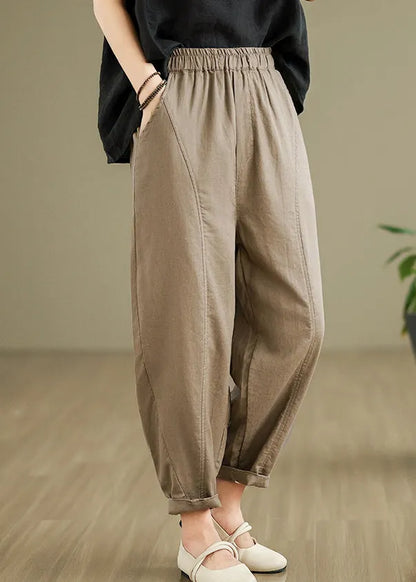 Camel Pockets Elastic Waist Cotton Pants Fall
