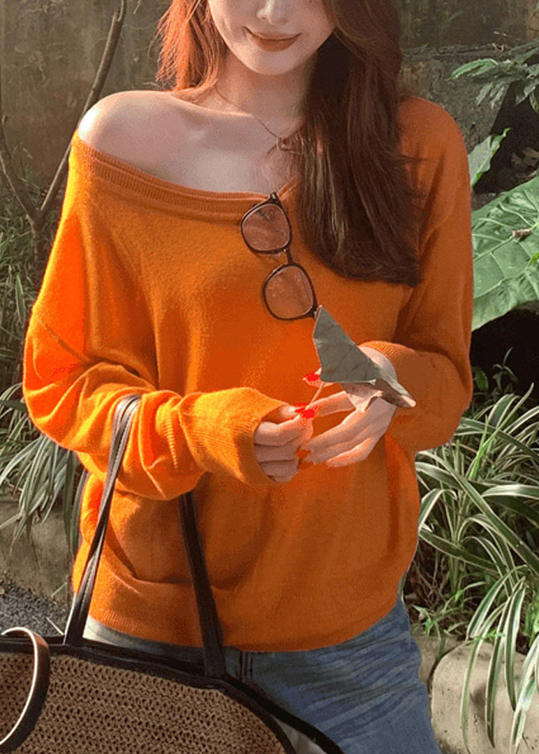 Unique Orange Asymmetrical Design Patchwork Thin Cotton Knit Top Spring