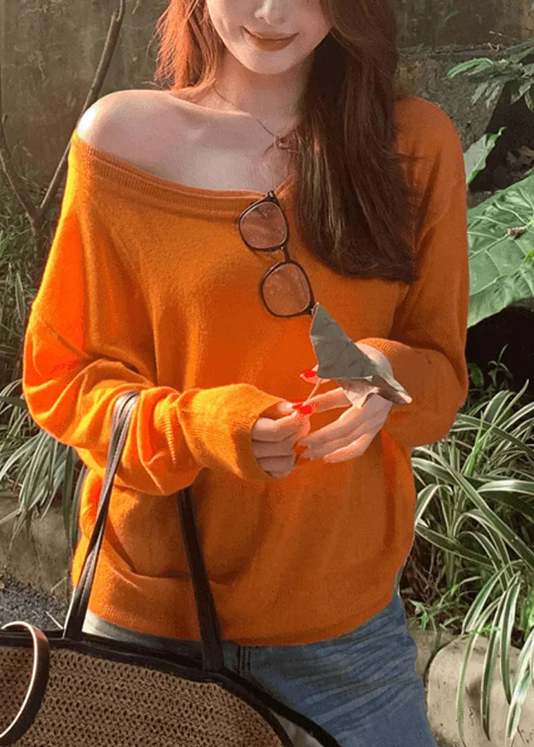 Unique Orange Asymmetrical Design Patchwork Thin Cotton Knit Top Fall