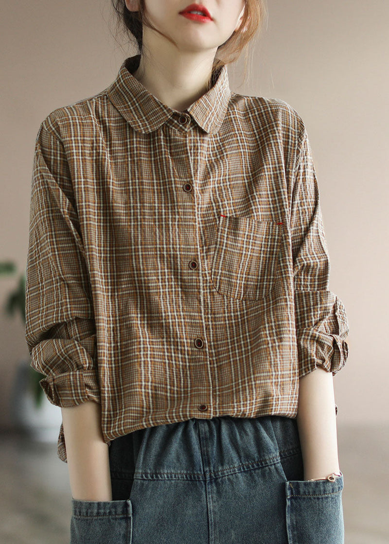 Chocolate Plaid Cotton Shirt Tops Pocket Long Sleeve
