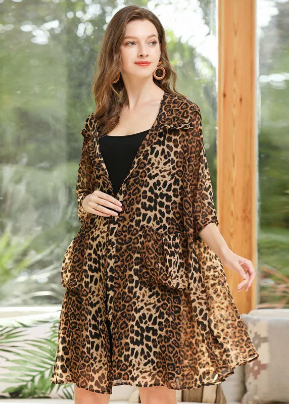 Leopard Chiffon Upf 50+ Cardigan Hooded Pockets Summer