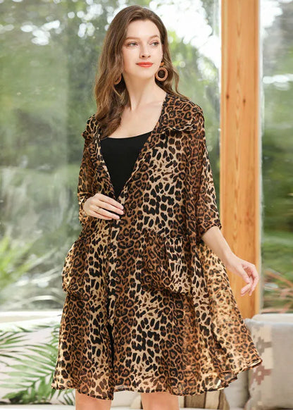 Leopard Chiffon Upf 50+ Cardigan Hooded Pockets Summer