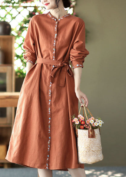 Handmade Orange Stand Collar Embroidered Linen Vacation Dresses Long Sleeve