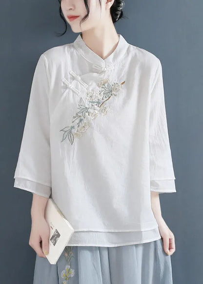 White Mandarin Collar Cotton Fake Two Piece Shirts Three Quarter Sleeve