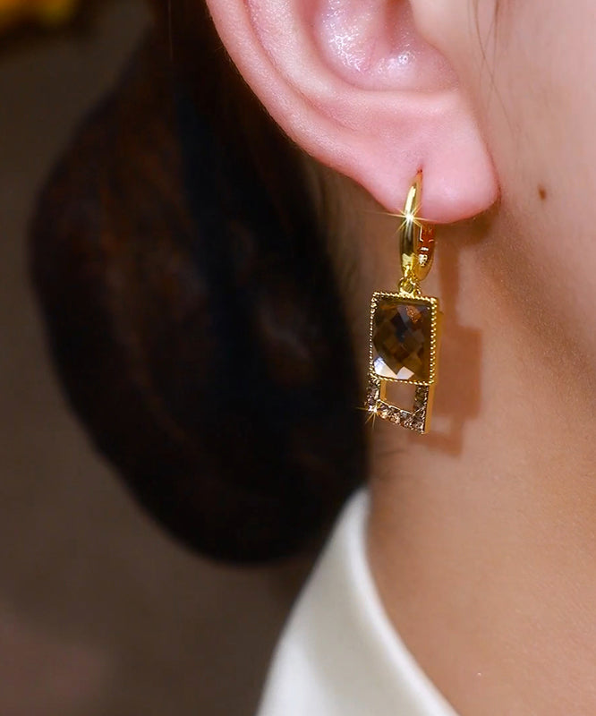 Coffee Sterling Silver Alloy Zircon Square Drop Earrings