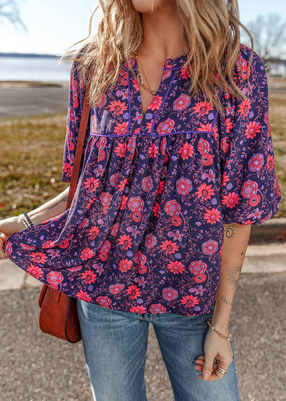 Purple O Neck Print Chiffon Top Summer