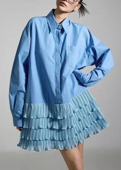 French Blue Peter Pan Collar Wrinkled Patchwork Cotton Mid Dress Fall