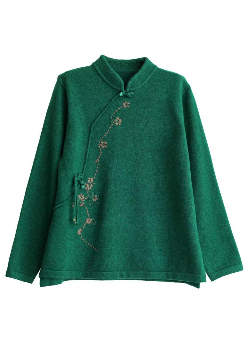 Green Mandarin Collar Embroidered Knit Sweaters Winter